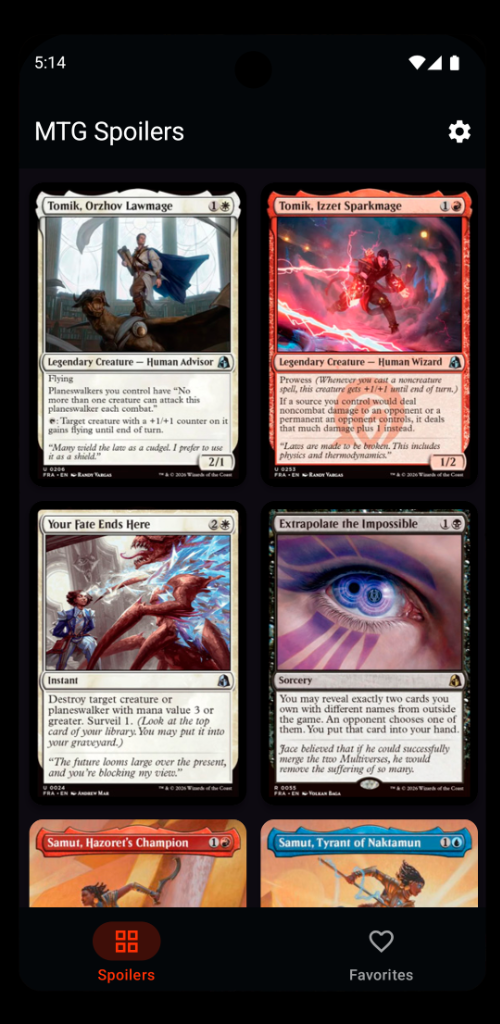 MTG Spoiler Alert App Interface